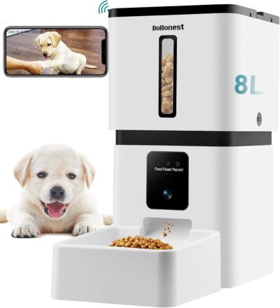 DoHonest Automatic Dog Feeder with Camera - 5G WiFi Easy Setup 8L Motion Detection Smart Cat Food Dispenser 1080P HD Video Recording 2-Way Audio Timed Pet Feeder App Control Night Vision