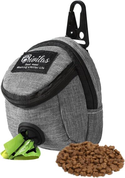 FuninCrea Dog Treat Pouch Bag, Dog Treat Bag with Built-in Poop Bag Dispenser Dog Training Treat Pouch for Walking Oxford Cloth Dog Training Bag for Travel Outdoor Training (Grey)