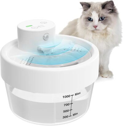 MASBRILL Cat Water Fountain, Battery Operated Water Fountains for Cats Indoor - 1L Wireless & Automatic Cat Water Dispenser - Pet Drinking Fountain with Filter/Motion Sensor/Silent Pump