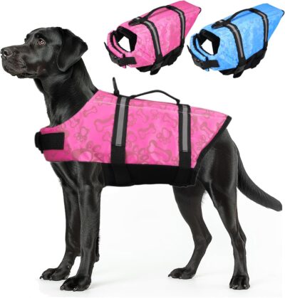 Neween Dog Life Jacket with Reflective Stripes, Adjustable Dog Life Vest Ripstop Dog Lifesaver Pet Life Preserver with Rescue Handle and High Flotation Swimsuit for Small Medium Large Dog, Pink, Small