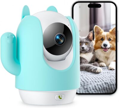 Pet Camera, 2K Indoor Security Camera, 360° Dog Camera with Phone App, Baby Monitor w/One-Touch Call, AI Motion Detection & Tracking, IR Night Vision, Cloud/SD Card Storage, 2.4GHz Wi-Fi, Blue