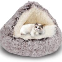 ShinHye Cat Bed Round Plush Fluffy Hooded Cat Bed Cave, Cozy for Indoor Cats or Small Dog beds, Soothing Pet Beds Doughnut Calm Anti-nxiety Dog Bed - Waterproof Bottom Washable (20×20inch, Coffee)