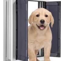 Sliver Pet Door with Panels, Aluminum Dog Door with Automatic Closing Magnetic Flaps, Medium Doggie Door, Slide-in Panel & 4 Security Locks, Suitable for Doors, Screen and Wall