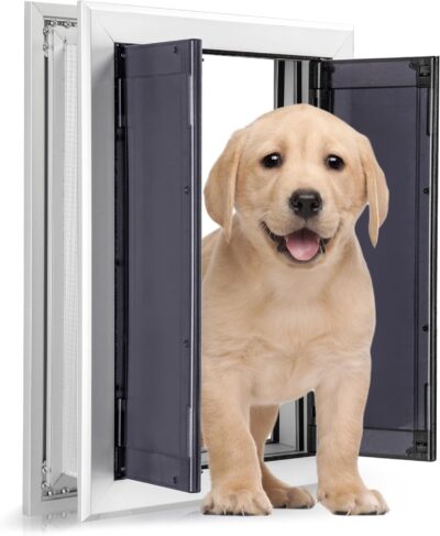 Sliver Pet Door with Panels, Aluminum Dog Door with Automatic Closing Magnetic Flaps, Medium Doggie Door, Slide-in Panel & 4 Security Locks, Suitable for Doors, Screen and Wall