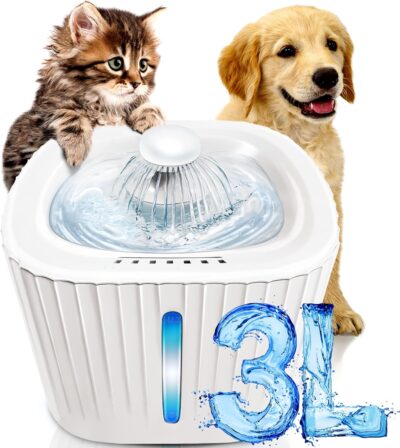 Ultra-Quiet Automatic Cat Water Fountain, 101oz/3l Pet Water Fountain, Wired Water Fountains for Cats Indoor, Dog Water Fountain, Automatic Water Dispenser for Dogs, 2 Modes, Filter Capsule (White)